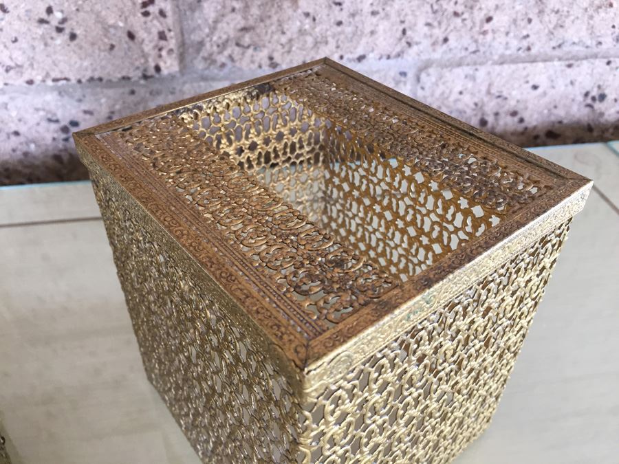Gold Gilt Metal Hollywood Regency Filigree Jewelry Box And Tissue Box [Photo 10]