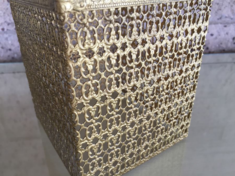 Gold Gilt Metal Hollywood Regency Filigree Jewelry Box And Tissue Box [Photo 8]