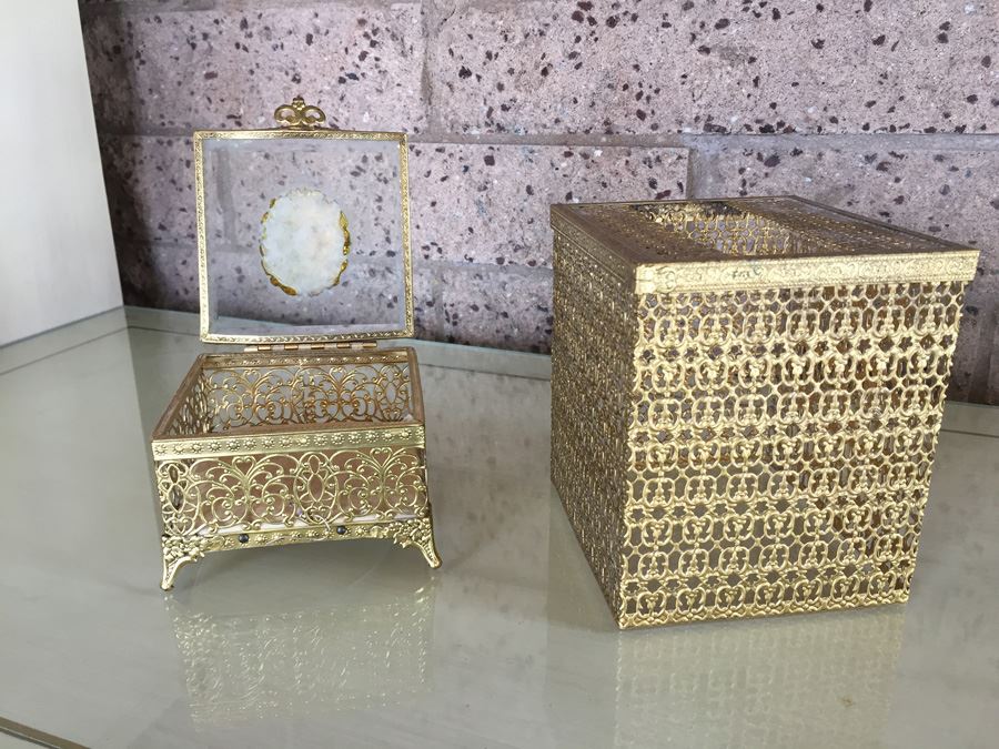 Gold Gilt Metal Hollywood Regency Filigree Jewelry Box And Tissue Box [Photo 12]
