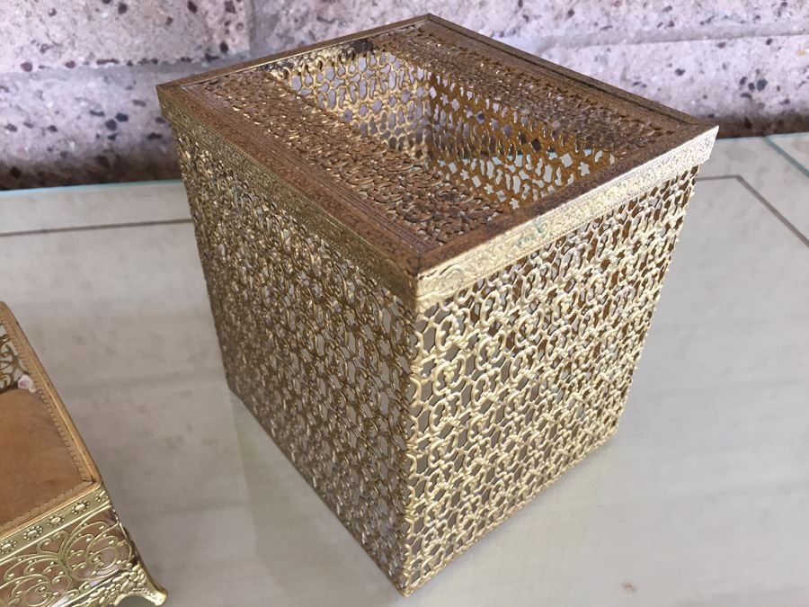 Gold Gilt Metal Hollywood Regency Filigree Jewelry Box And Tissue Box [Photo 7]