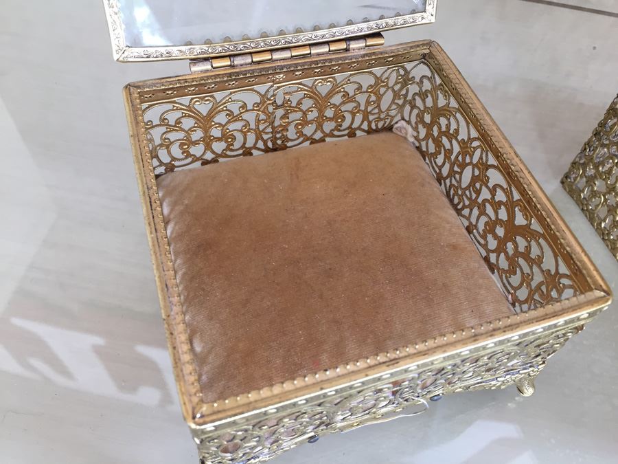 Gold Gilt Metal Hollywood Regency Filigree Jewelry Box And Tissue Box [Photo 6]