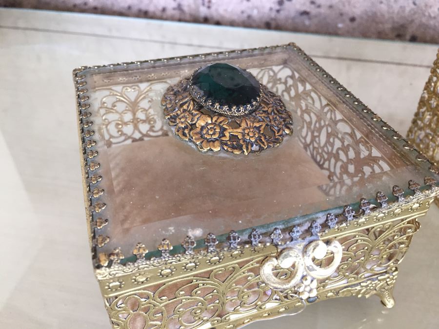Gold Gilt Metal Hollywood Regency Filigree Jewelry Box And Tissue Box [Photo 5]