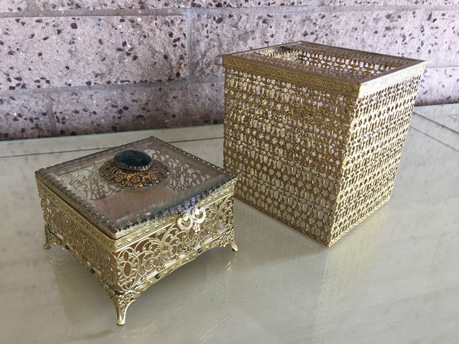 Gold Gilt Metal Hollywood Regency Filigree Jewelry Box And Tissue Box [Photo 1]