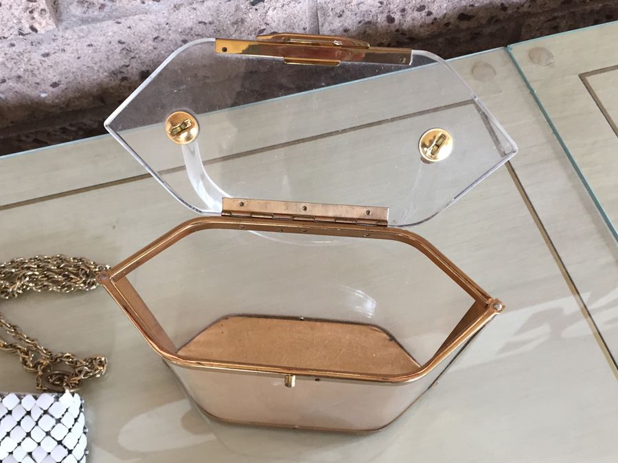 Vintage Whiting Davis Mesh Hand Bag Purse With Clear Lucite Hand Bag And Brush [Photo 7]