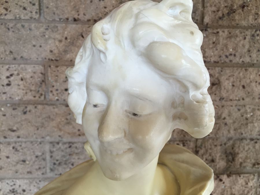 Stunning Hand Carved Alabaster Bust Sculpture Resting On Carved Stone Pedestal [Photo 5]
