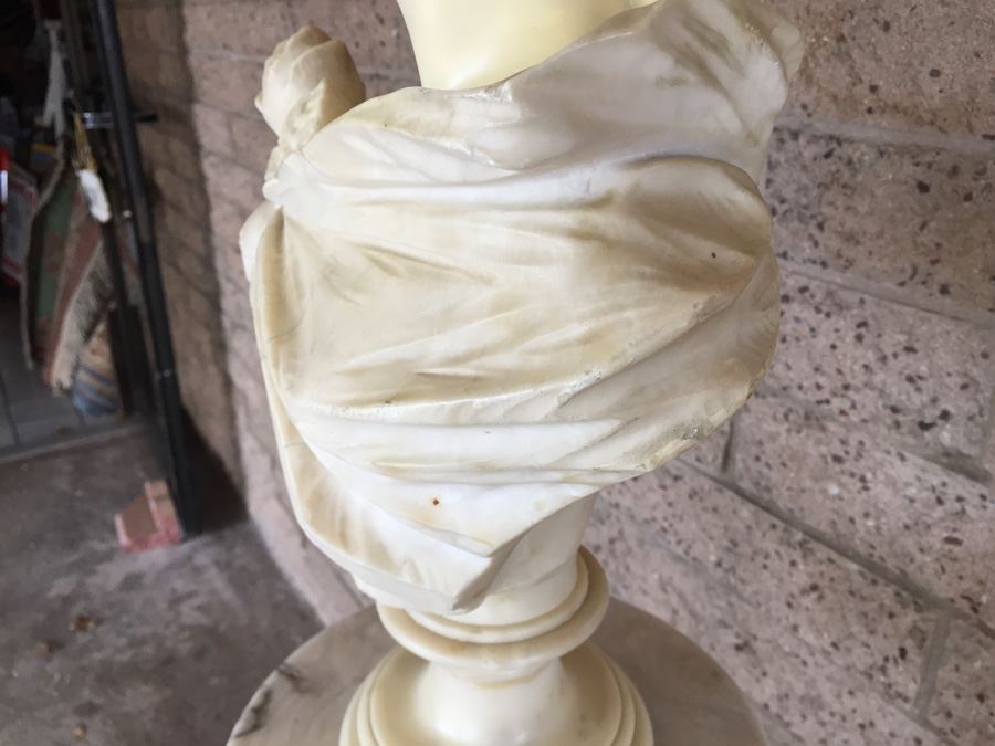 Stunning Hand Carved Alabaster Bust Sculpture Resting On Carved Stone Pedestal [Photo 17]