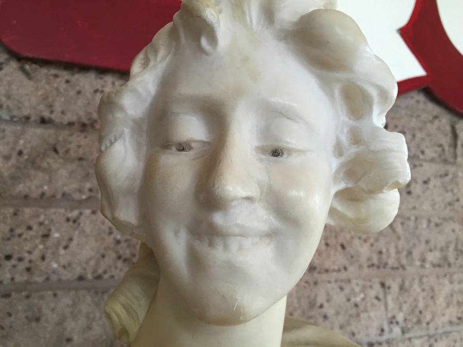 Stunning Hand Carved Alabaster Bust Sculpture Resting On Carved Stone Pedestal [Photo 7]