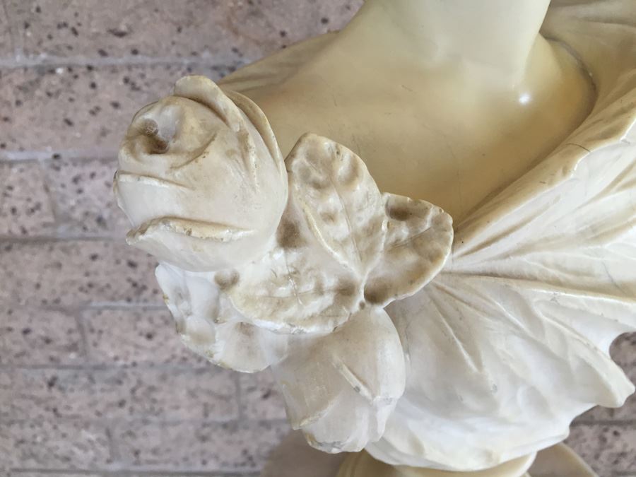 Stunning Hand Carved Alabaster Bust Sculpture Resting On Carved Stone Pedestal [Photo 4]