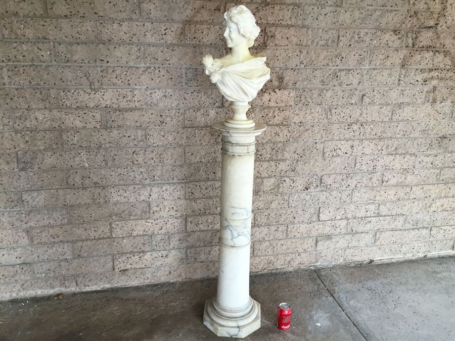 Stunning Hand Carved Alabaster Bust Sculpture Resting On Carved Stone Pedestal [Photo 14]