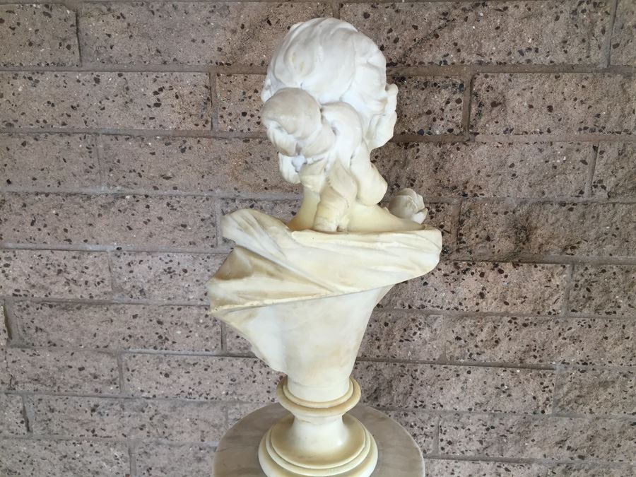 Stunning Hand Carved Alabaster Bust Sculpture Resting On Carved Stone Pedestal [Photo 19]