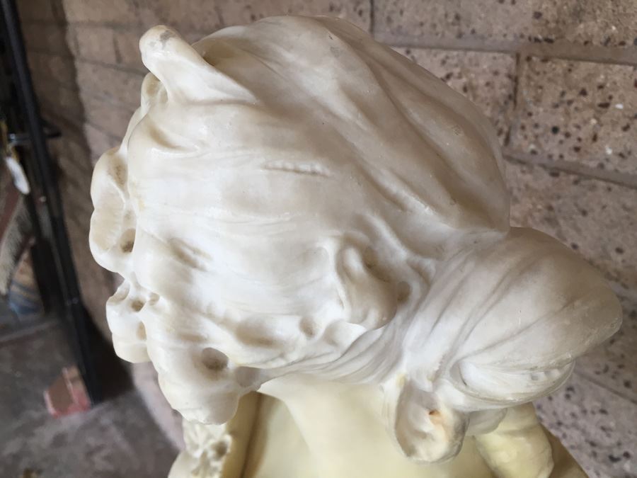 Stunning Hand Carved Alabaster Bust Sculpture Resting On Carved Stone Pedestal [Photo 16]