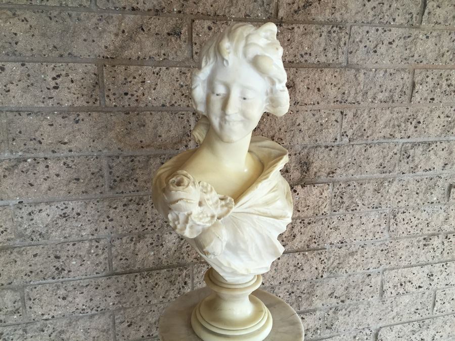 Stunning Hand Carved Alabaster Bust Sculpture Resting On Carved Stone Pedestal [Photo 6]