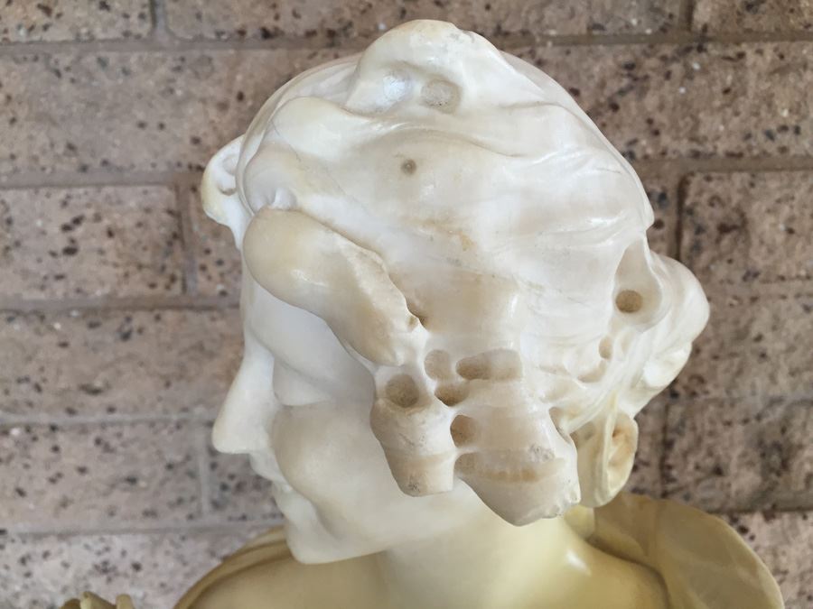 Stunning Hand Carved Alabaster Bust Sculpture Resting On Carved Stone Pedestal [Photo 15]