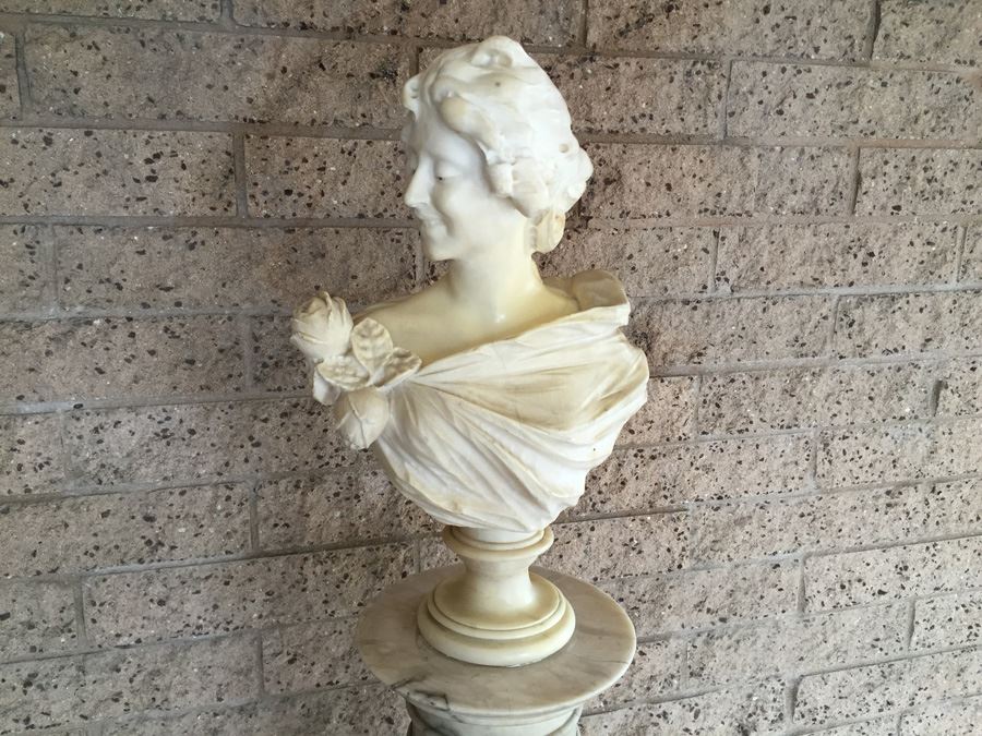 Stunning Hand Carved Alabaster Bust Sculpture Resting On Carved Stone Pedestal [Photo 2]