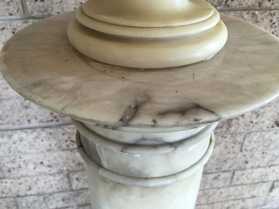 Stunning Hand Carved Alabaster Bust Sculpture Resting On Carved Stone Pedestal [Photo 3]