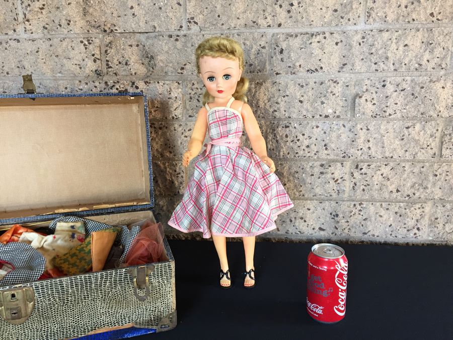 Vintage Doll Marked 14R With Doll Trunk, Various Doll Clothes And Wooden Blocks [Photo 2]
