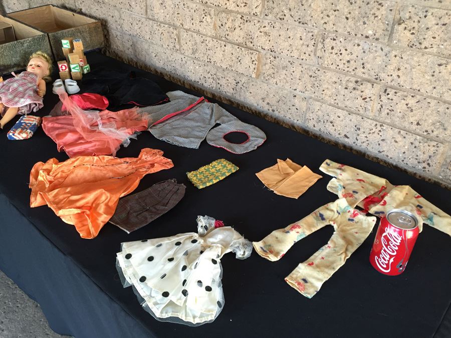 Vintage Doll Marked 14R With Doll Trunk, Various Doll Clothes And Wooden Blocks [Photo 3]