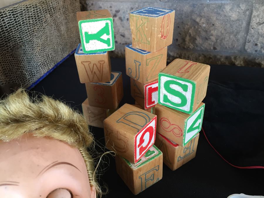 Vintage Doll Marked 14R With Doll Trunk, Various Doll Clothes And Wooden Blocks [Photo 38]