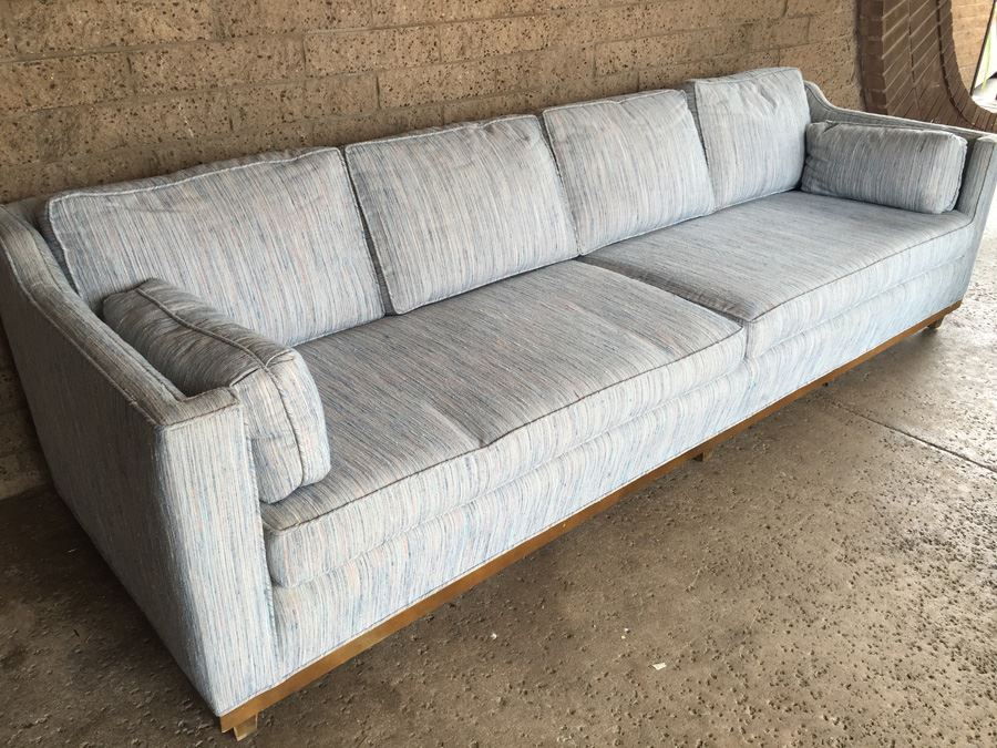 Stunning Mid-Century Modern Long Sofa With Period Fabric In Excellent Condition In The Manner Of Edward Wormley's Designs For Dunbar [Photo 5]
