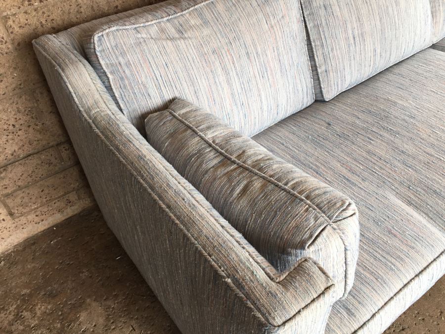 Stunning Mid-Century Modern Long Sofa With Period Fabric In Excellent Condition In The Manner Of Edward Wormley's Designs For Dunbar [Photo 3]