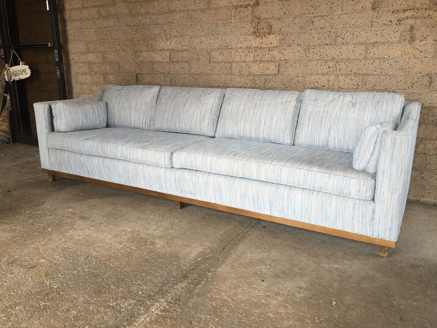 Stunning Mid-Century Modern Long Sofa With Period Fabric In Excellent Condition In The Manner Of Edward Wormley's Designs For Dunbar [Photo 4]