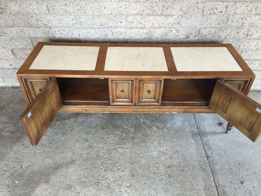 Mid-Century Modern Marble-Top Travertine Top Petite Entry Hall Cabinet or Low Credenza [Photo 10]