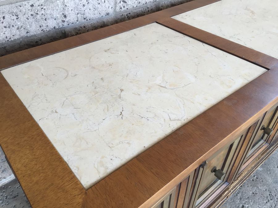 Mid-Century Modern Marble-Top Travertine Top Petite Entry Hall Cabinet or Low Credenza [Photo 6]