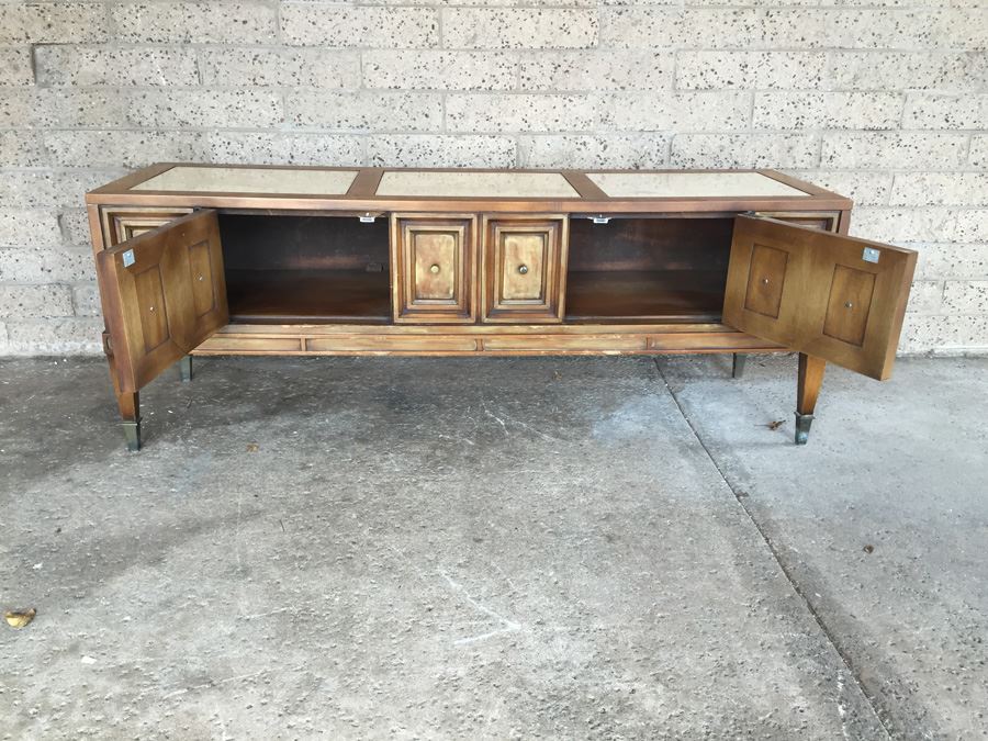 Mid-Century Modern Marble-Top Travertine Top Petite Entry Hall Cabinet or Low Credenza [Photo 3]