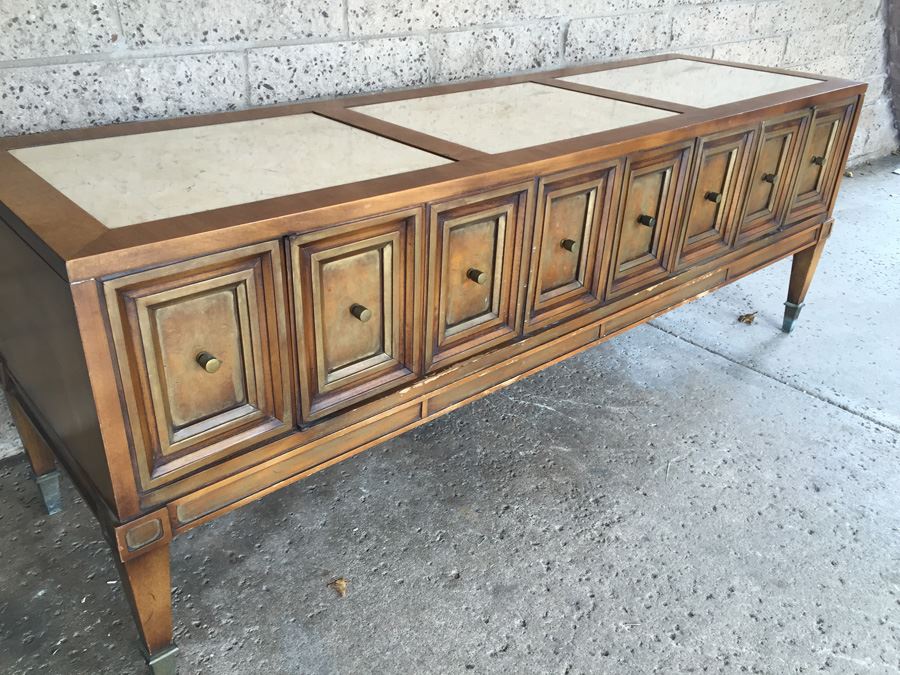Mid-Century Modern Marble-Top Travertine Top Petite Entry Hall Cabinet or Low Credenza [Photo 7]