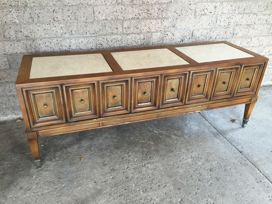 Mid-Century Modern Marble-Top Travertine Top Petite Entry Hall Cabinet or Low Credenza [Photo 5]