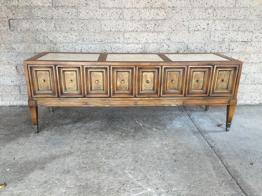 Mid-Century Modern Marble-Top Travertine Top Petite Entry Hall Cabinet or Low Credenza