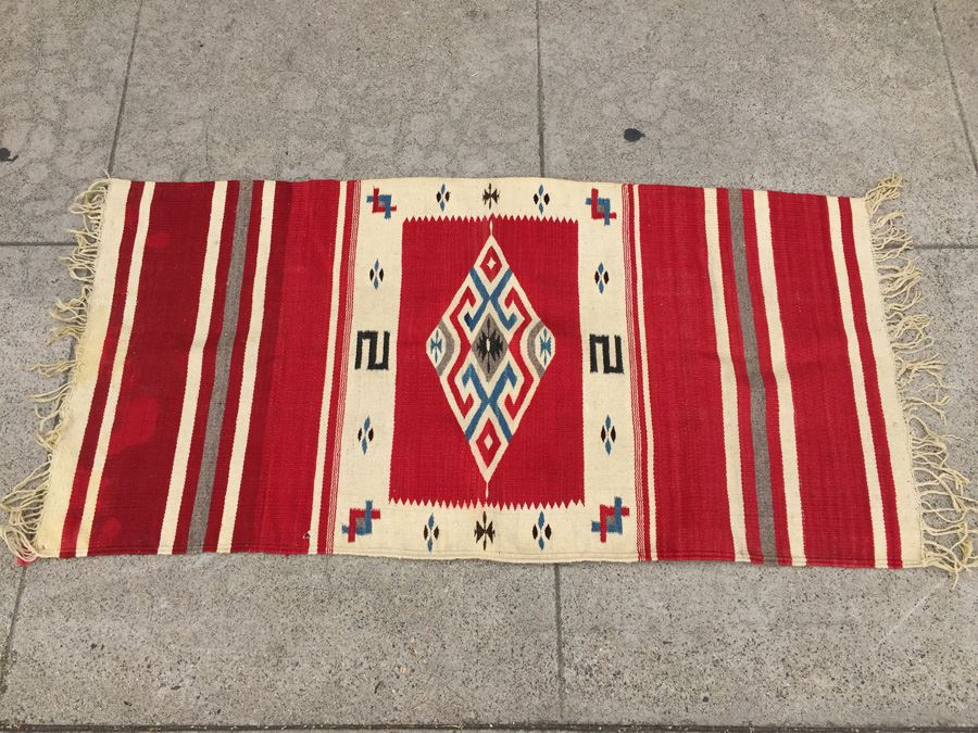Hand Woven Native American Rug With Reds Blacks And Blues