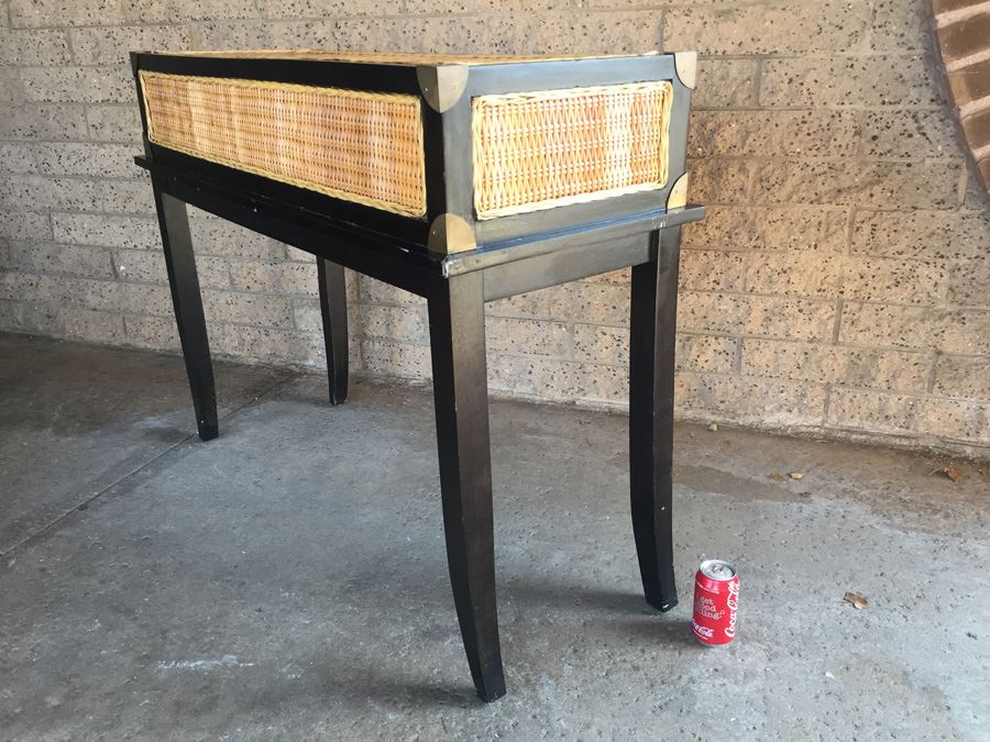 Nice Black Console Table With Brass And Wicker Accents [Photo 15]