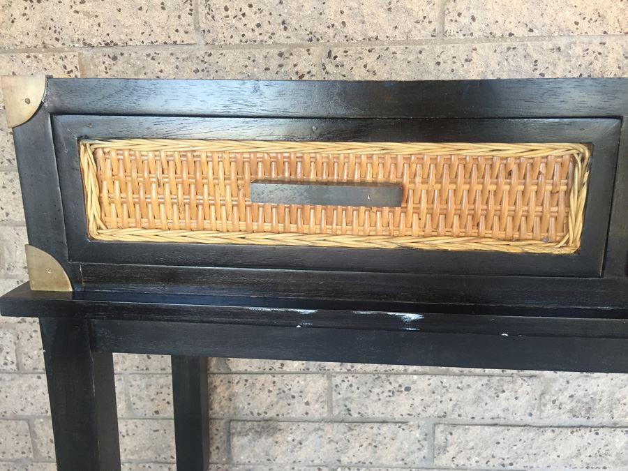 Nice Black Console Table With Brass And Wicker Accents [Photo 7]