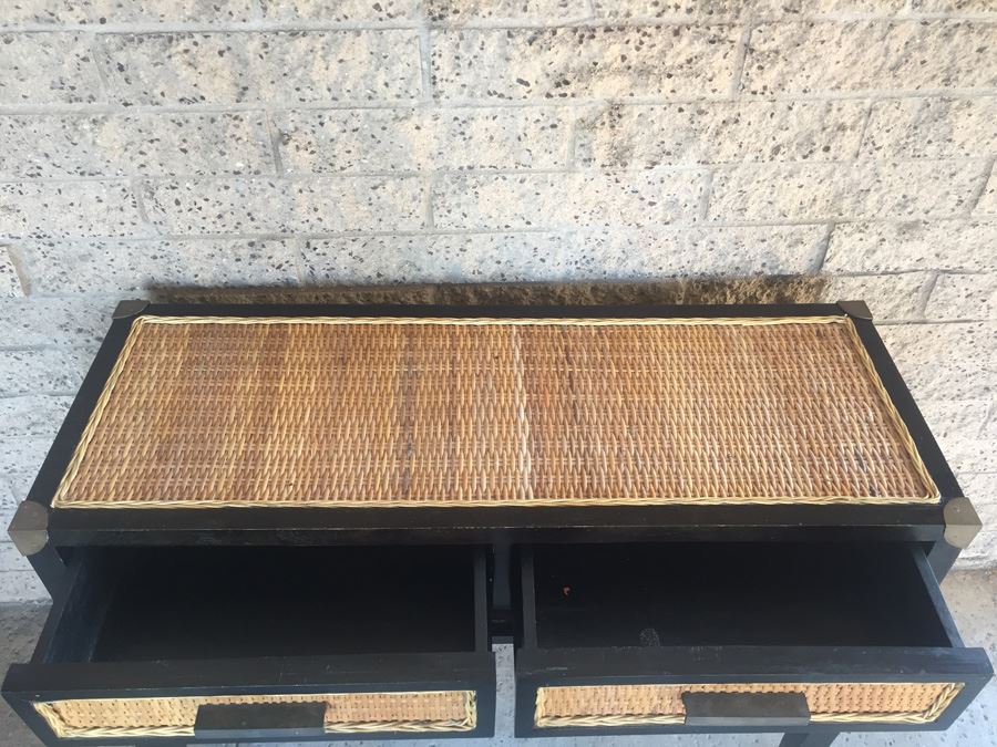 Nice Black Console Table With Brass And Wicker Accents [Photo 4]