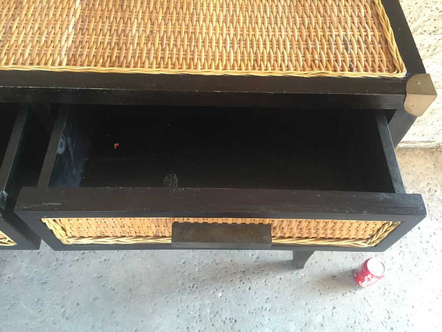 Nice Black Console Table With Brass And Wicker Accents [Photo 6]