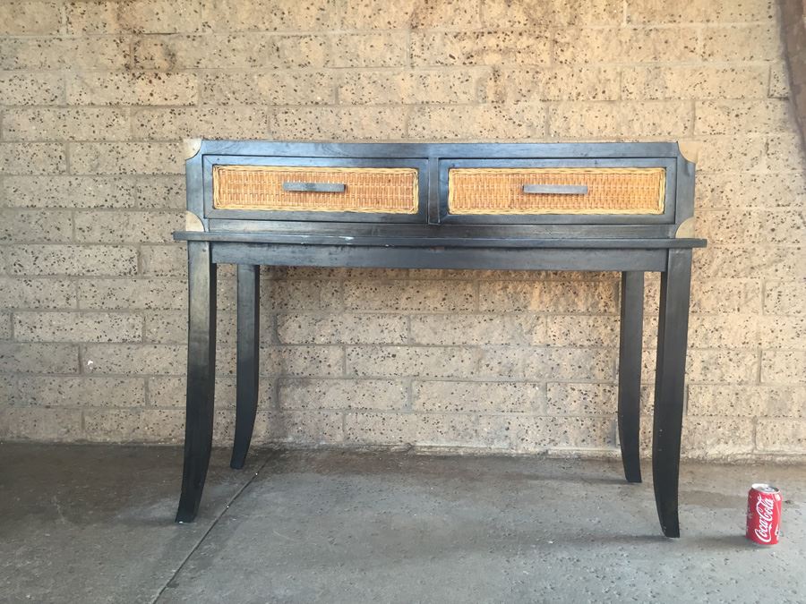 Nice Black Console Table With Brass And Wicker Accents [Photo 9]