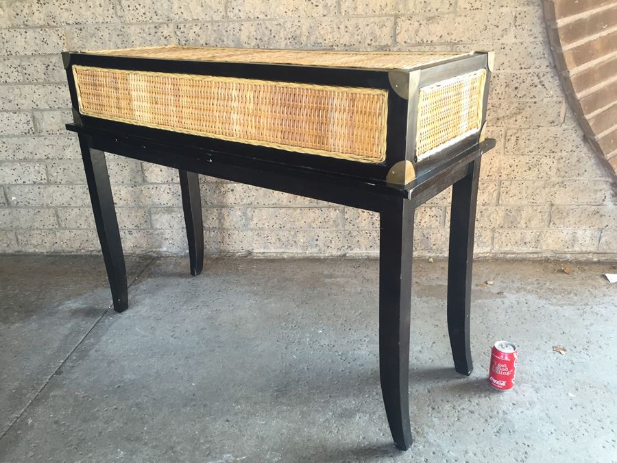 Nice Black Console Table With Brass And Wicker Accents [Photo 14]