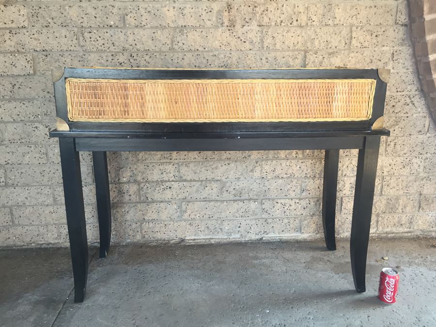 Nice Black Console Table With Brass And Wicker Accents [Photo 10]