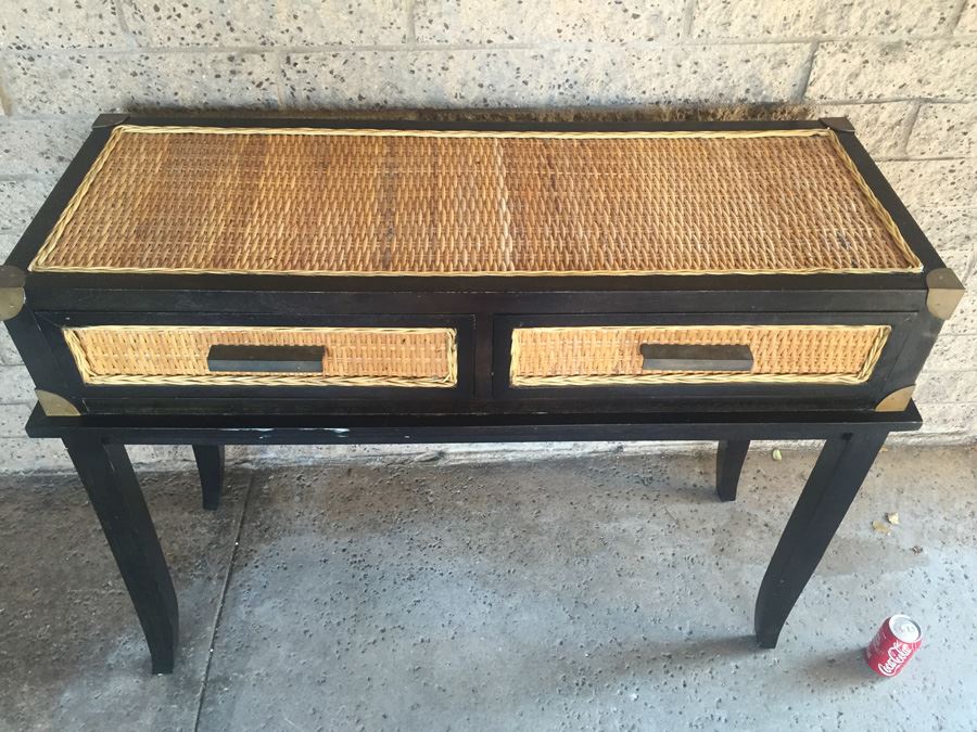 Nice Black Console Table With Brass And Wicker Accents [Photo 2]