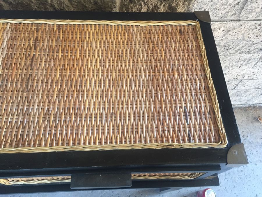 Nice Black Console Table With Brass And Wicker Accents [Photo 8]