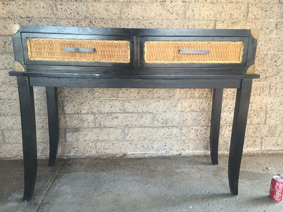 Nice Black Console Table With Brass And Wicker Accents [Photo 1]
