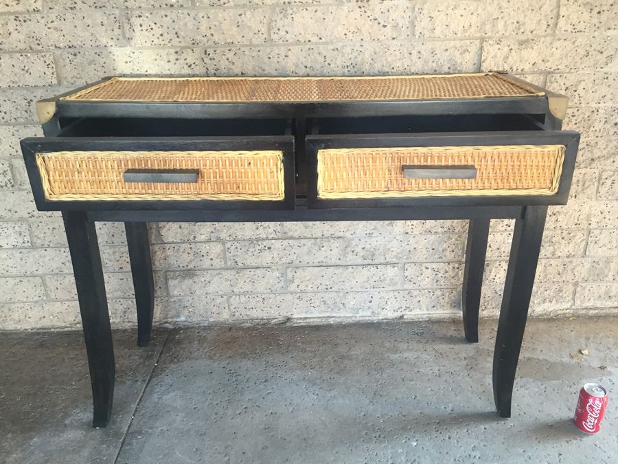 Nice Black Console Table With Brass And Wicker Accents [Photo 3]