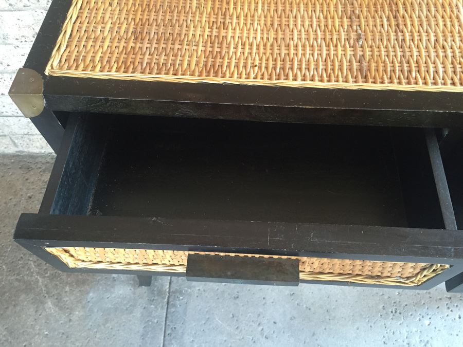 Nice Black Console Table With Brass And Wicker Accents [Photo 5]