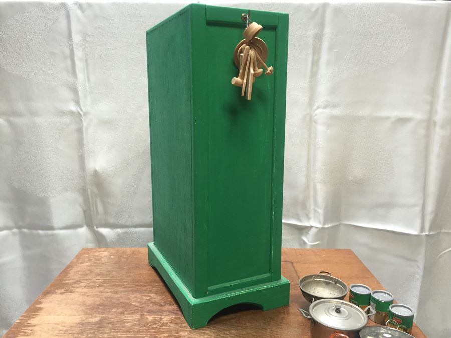 Vintage Green Miniature Cabinet With Miniature Food And Kitchen Accessories [Photo 3]