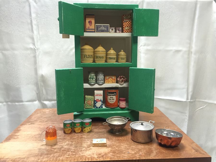 Vintage Green Miniature Cabinet With Miniature Food And Kitchen Accessories [Photo 1]