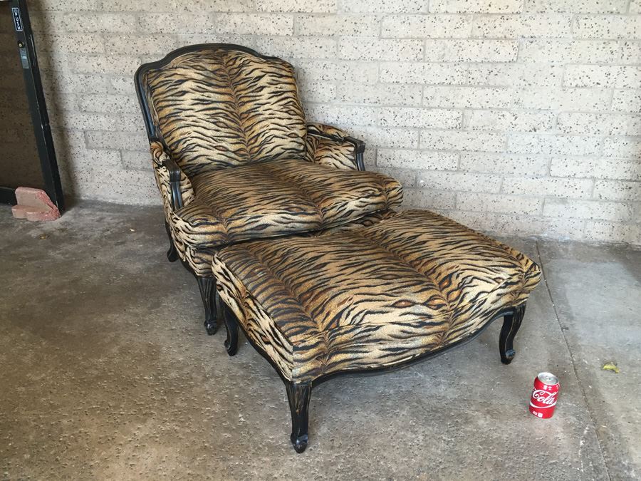 Oversized Upholstered Classy Faux Animal Print Chair With Ottoman