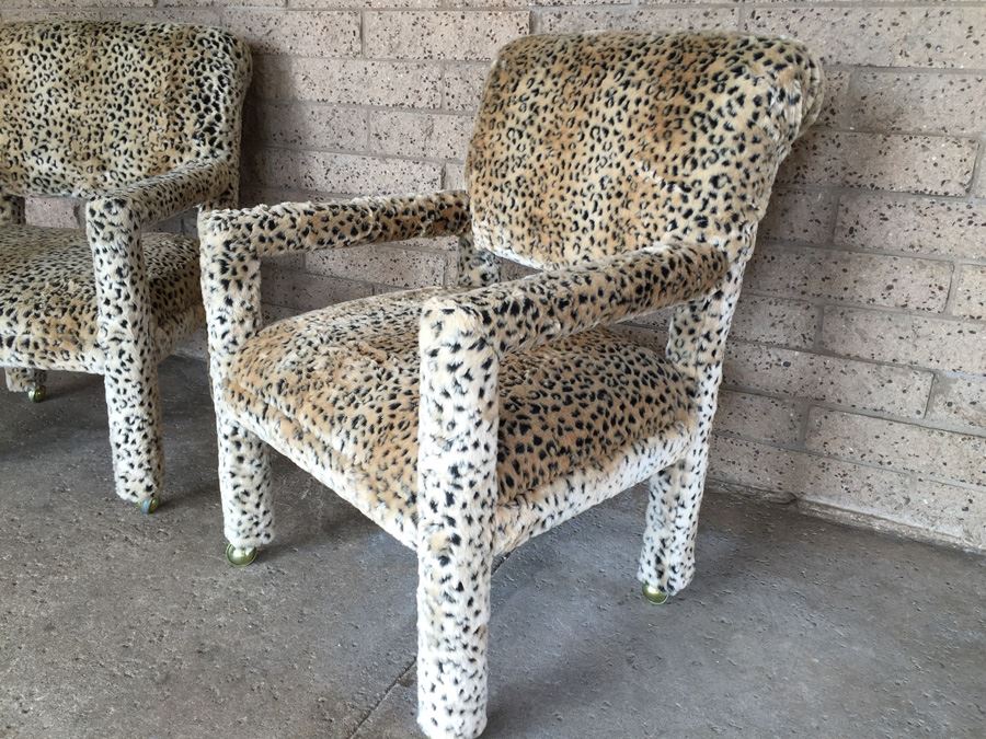 Pair Of Upholstered Classy Faux Animal Print Armchairs On Brass Casters [Photo 5]