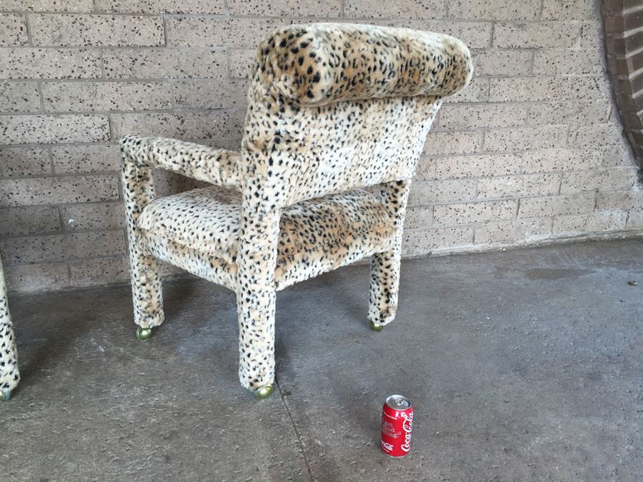 Pair Of Upholstered Classy Faux Animal Print Armchairs On Brass Casters [Photo 3]