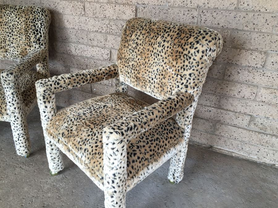 Pair Of Upholstered Classy Faux Animal Print Armchairs On Brass Casters [Photo 6]